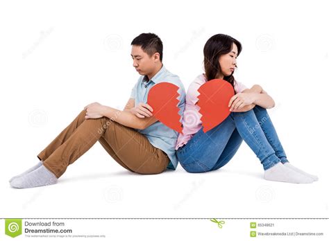 Sad Couple Holding Broken Heart Pieces Stock Image Image Of Dark