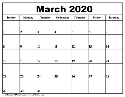 Editable March 2020 Calendar Blank Monthly Calendar