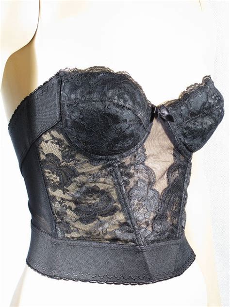 Vintage 1980s Black Lace Bustier Long Line Strapless Bra Fredericks Of Hollywood Sz 34b Lace