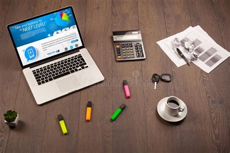 Laptop On Office Desk With Media Icons Stock Image Image Of Mobile