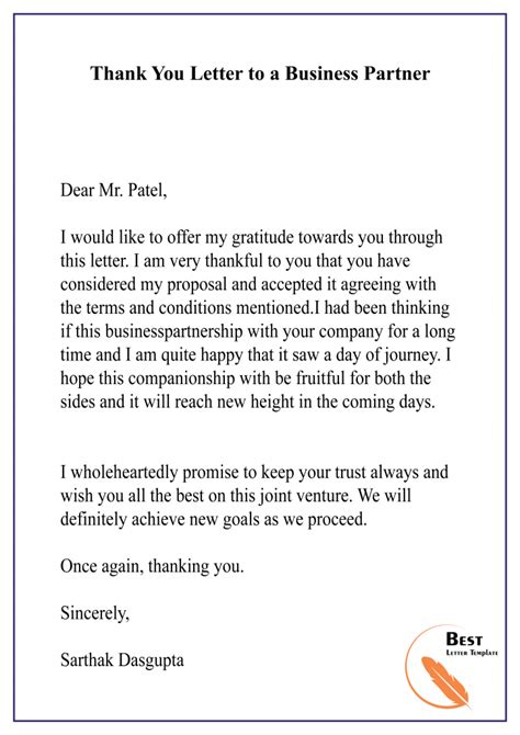 Sample Thank You Letter Template For Business Partnership