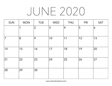 Calendar 2020 Printable June