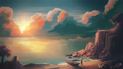 illustration, Sunset, Mountains, Sun, Artwork HD Wallpapers / Desktop ...