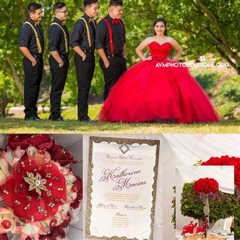 red quinceañera ideas ️ ️ quince dress chambelanes tuxedos bouquets invitations flower decor