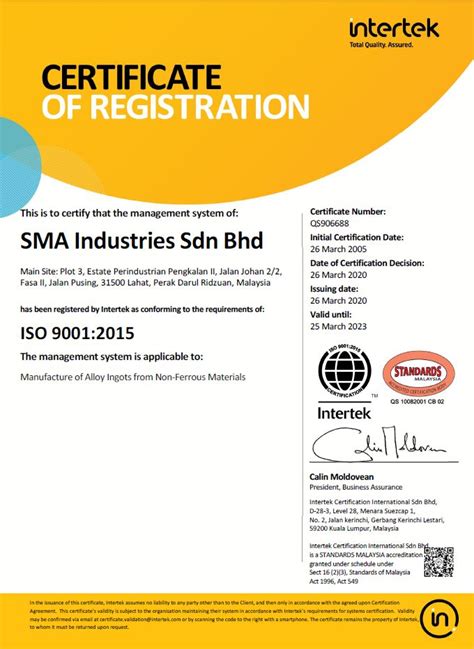 Yanta plastics industry sdn bhd. ISO Cert. (Standards) 26 Mar 2020 to 25 Mar 2023-SMA ...
