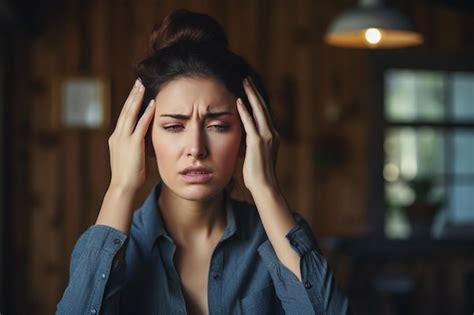 Una Mujer Rusa Con Dolor De Cabeza Fiebre Alta Estresada Sosteniendo Su Cabeza Con Dolor Foto