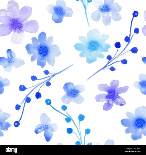 Blue Watercolor Flowers Seamless Pattern Endless Hand Drawn Floral