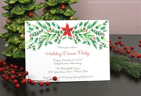Winter Greenery & Poinsettia Invitation | Holiday party invitations, Party invitations, Invitations