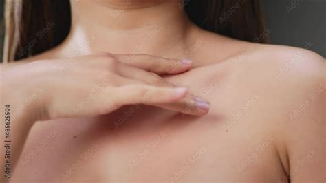 Skincare Concept Unrecognizable Shirtless Woman Touching Her Smooth Skin Stroking Her Perfect