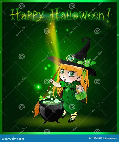 Happy Halloween Card With Anime Witch Girl With Broomstick And Cauldron