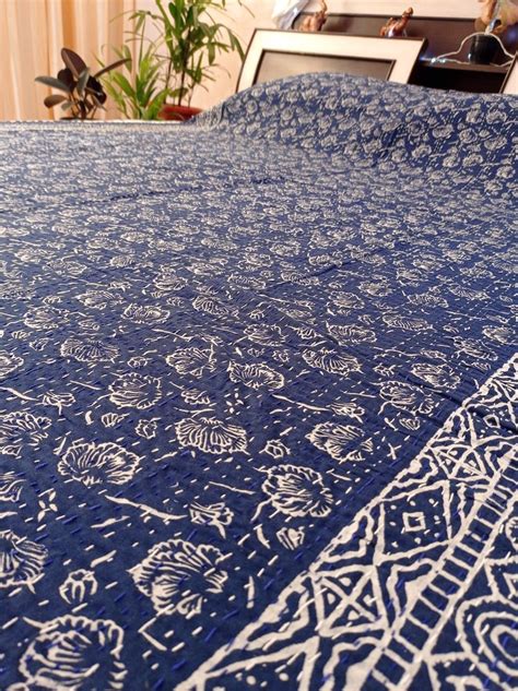 Printed Indigo Blue Floral Vegetable Dye Kantha Bedcover At Rs In