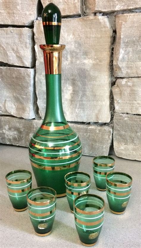 Vintage Green And Gold Bohemian Crystal Decanter Set With Six Glasses Made In Czechoslovakia Mid
