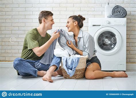 Loving Couple Is Doing Laundry Stock Image Image Of Life Domestic 155660499