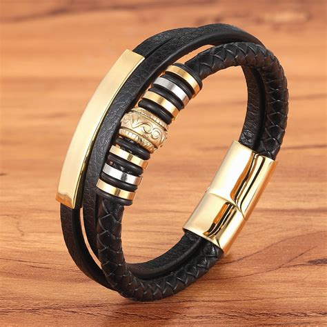 men s multi layer leather stainless steel metal luxury leather bracelet liquidation square