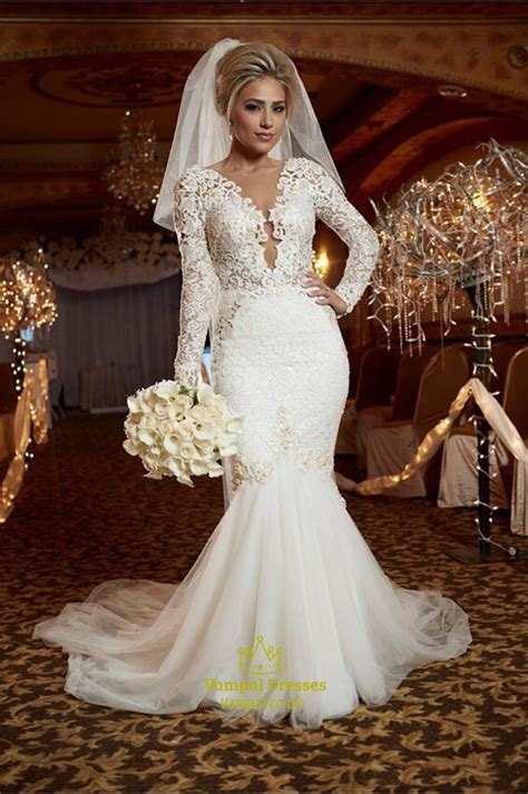 Tarik ediz's pirlanta long sleeve lace sheath wedding dress lace with open. Long Sleeve Deep V-Neck Mermaid Lace Bodice Open Back ...