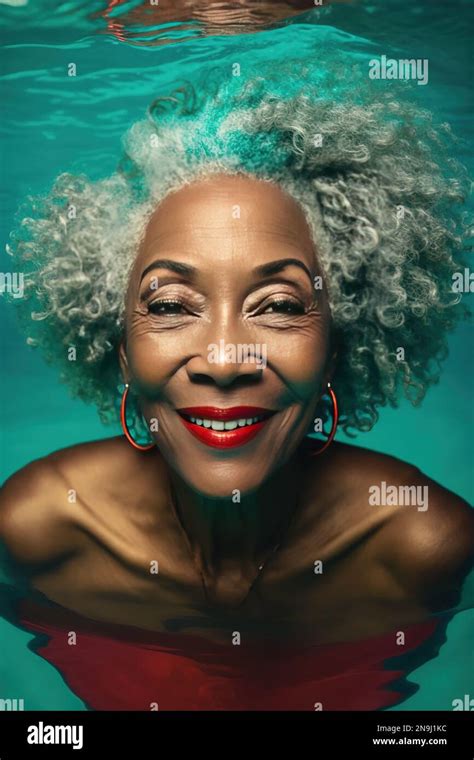 beautiful older black african american woman in swim suit in pool generative ai portrait stock
