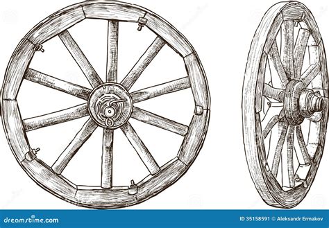 Old Wooden Wheelold Cart Wheel Black And White Drawing Vintage