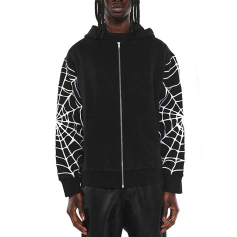 Wholesale Men Casual Colorblock Spider Web Print Hooded Loose Jacket