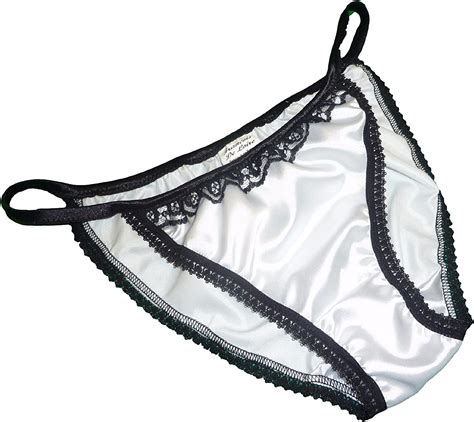 pure silk satin and lace mini tanga string bikini panties retro white with black trim sizes xs