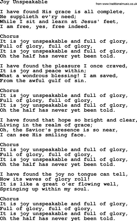 Baptist Hymnal Christian Song Joy Unspeakable Lyrics With Pdf For