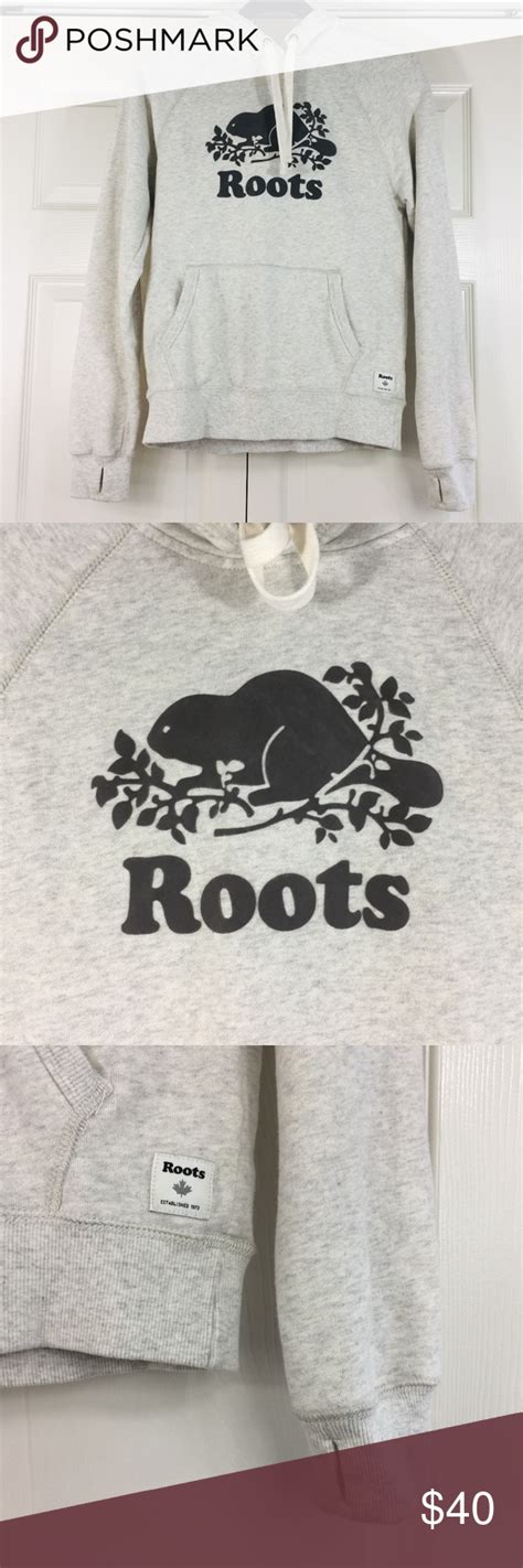 Roots Beaver Logo Kangaroo Hoodie Thumb Holes Gray Clothes Design