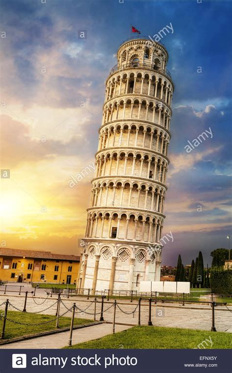 The Leaning Tower And The Cathedral Baptistery Tuscany Italy Stock