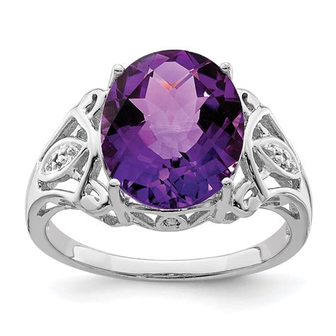 925 Sterling Silver Rhodium Plated Oval Checker Cut Amethyst And Diamond Ring Size 6