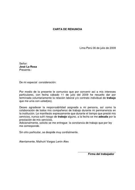 Carta De Renuncia De Trabajo Formato Imprimir