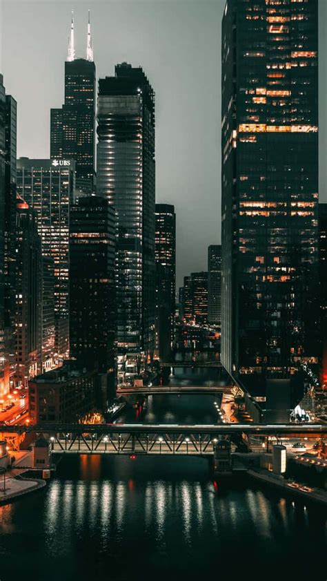 Download Chicago City Night Dark Buildings Wallpaper