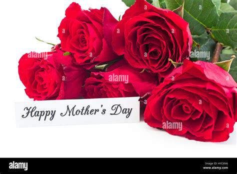 Happy Mothers Day Greeting Card With Bouquet Of Red Roses On White