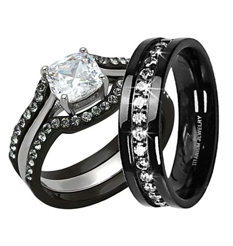 his hers 4 pc black stainless steel titanium wedding engagement ring band set ma ebay