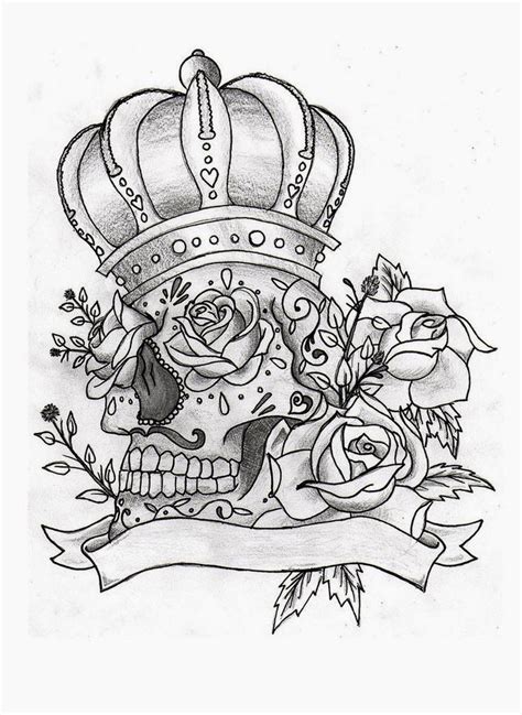 On these rose coloring pages you will find a wide variety of shapes, sizes and forms you can color in. Sugar skull with crown roses and banner | Skull coloring ...