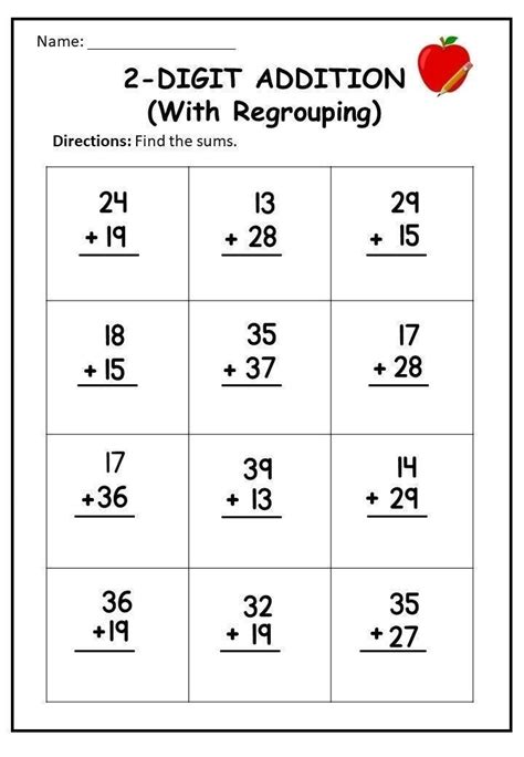 Printable Two Digit Addition Worksheets With Regrouping Etsy