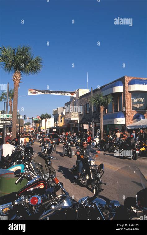 Daytona Beach Florida Fl Bike Week Bikers Parading On Main Street Stock