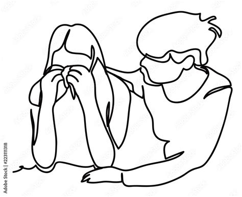 Girl Trying To Comfort And Encourage To Her Sad Best Friend Stressing Continuous Line Drawing