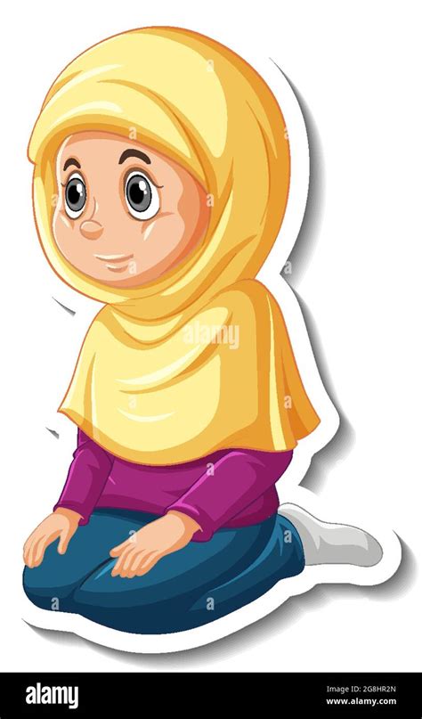 A Sticker Template With Muslim Girl Praying Cartoon Character