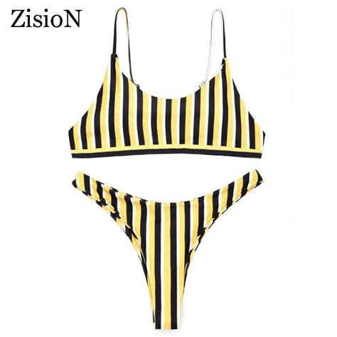 Zision 2018 Yellow Striped Sexy Bikinis Women Swimsuit Brazilian Bikini Set Thong Swimming Suits