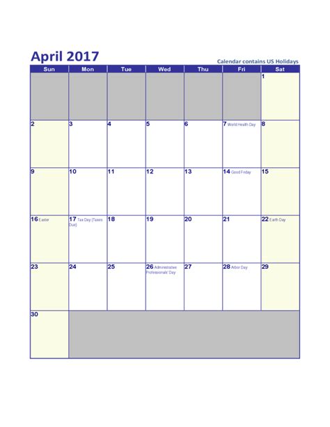April 2017 Us Calendar With Holidays Free Download