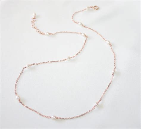 Dainty White Pearl Station Necklace K Rose Gold Filled Etsy