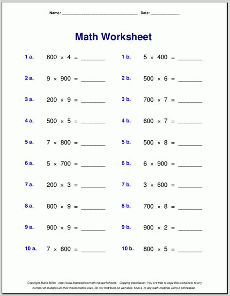 Free Multiplication Worksheets For Grade 4