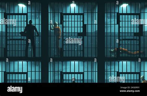 Rows Of One Person Dark Prison Cells Adult Criminals Captured Behind