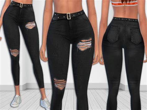 The Sims 4 Black Realistic Ripped Jeans With Leather Belt