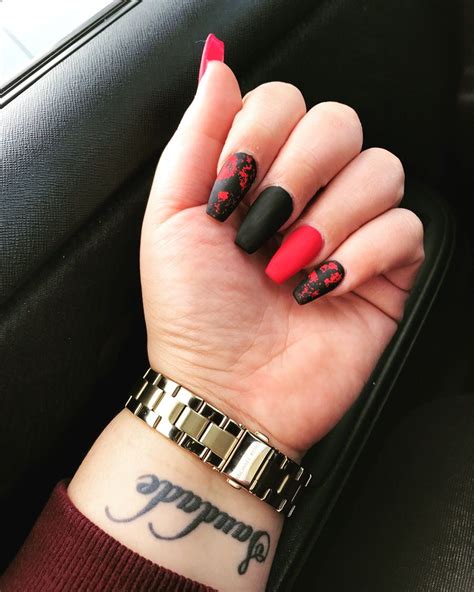 Black Red Red Foil Matte Coffin Nails Red Ombre Nails Black Ombre