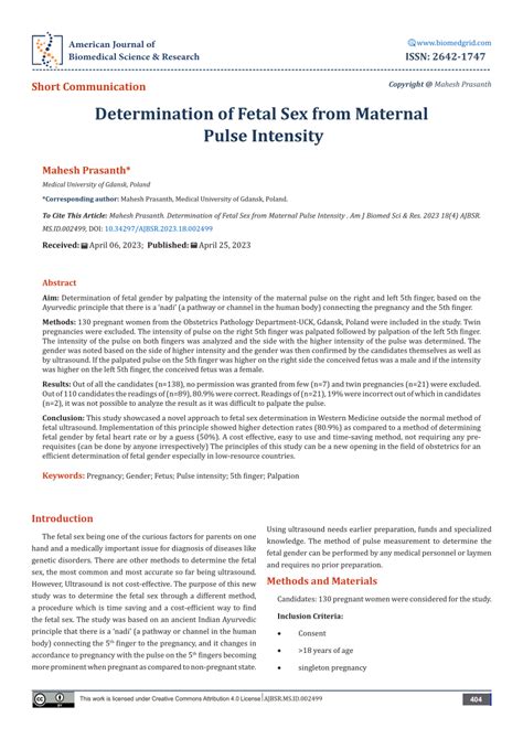 pdf determination of fetal sex from maternal pulse intensity