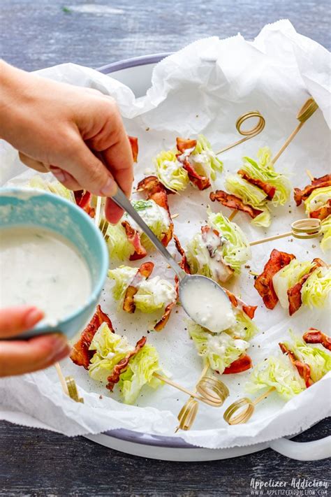 Lay on a platter then drizzle blue cheese dressing over the skewers right before serving. Wedge Salad on a Stick - Appetizer Addiction