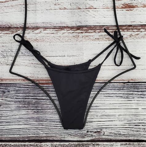 Black Micro Tie Thong Bikini Bottom With Sliding Front And Etsy