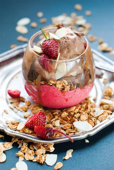 Chocolate Ice Cream Glass Cup Strawberry Muesli Stock Image Image Of