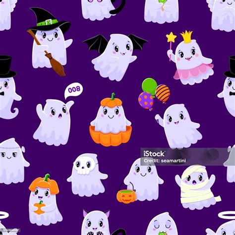 Cartoon Halloween Kawaii Ghost Characters Pattern Stock Illustration
