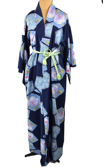 Japanese Yukata Summer Kimono In Indigo Blue With Silk Obijime Belt