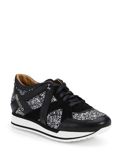 Lyst Jimmy Choo London Glitter And Leather Sneakers In Black